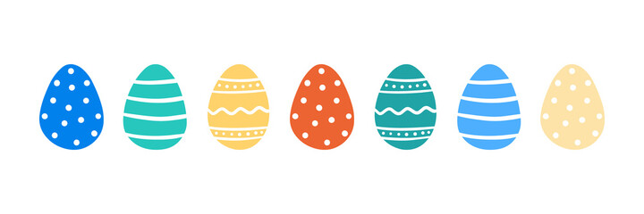 Set, collection of cute cartoon style vector easter egg decorated with dots, stripes, ornaments. Easter eggs design.