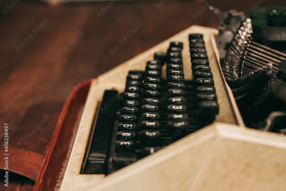 Poster retro typewriter with keys vintage invention letters paper