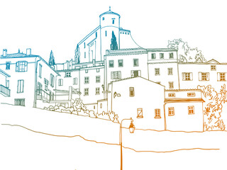 The ancient city on the hill of Provence. Fortress at the Top. Hand drawn sketch style. Urban background. Colorful Vector illustration on white background