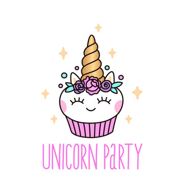Birthday party invitation with cute unicorn cupcake on a white background.