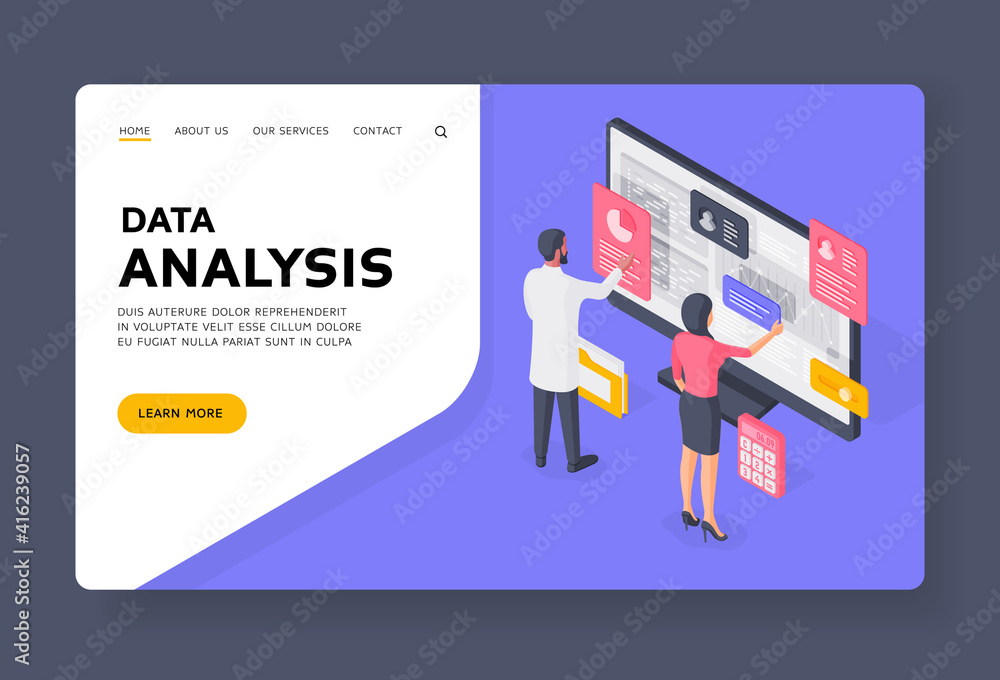 Poster office workers analyzing data on computer banner template
