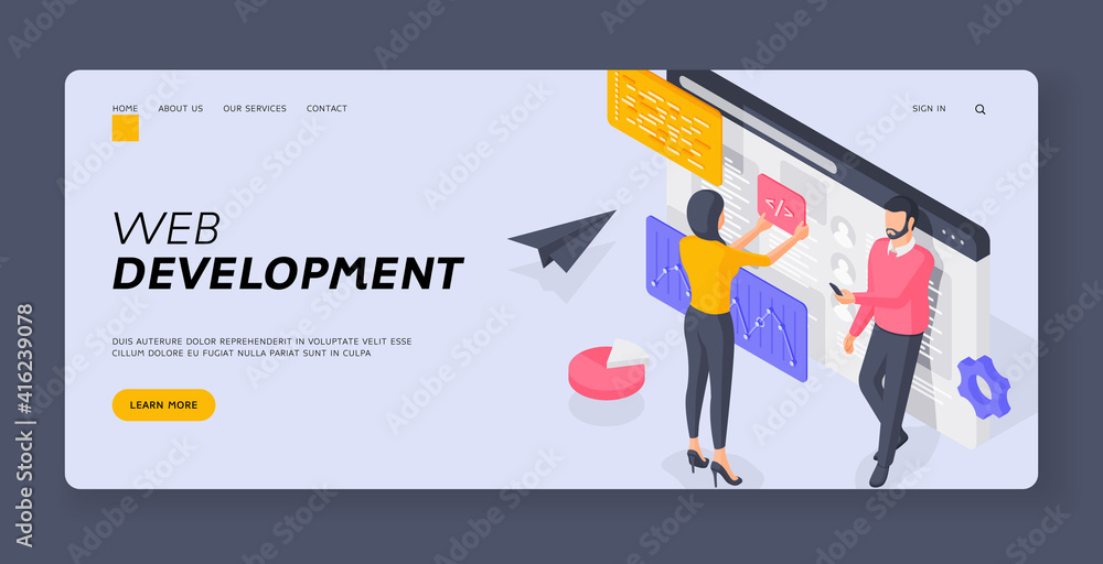 Poster programmers developing web software. banner template. isometric vector illustration