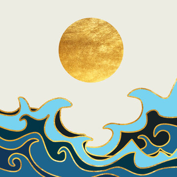 Japanese template illustration. Abstract banner with shapes, sun, cloud and Fuji mountain elements in poster design. Abstract wallpaper and background © DianaDarkmoon