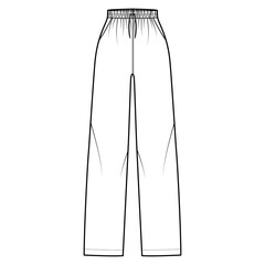 Pajama pants technical fashion illustration with elastic normal waist, high rise, full length, drawstrings, pockets. Flat trousers apparel template front, white color. Women men unisex CAD mockup