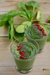 Spirulina green smoothie with goji berry, spinach, chia seed and hemp seed
