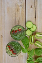 Spirulina green smoothie with goji berry, spinach, chia seed and hemp seed
