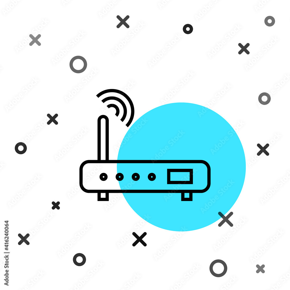Poster black line router and wi-fi signal icon isolated on white background. wireless ethernet modem router