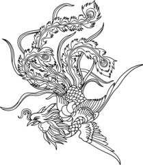 Flying phoenix fantasy fire bird black outline vector illustration isolated on white background