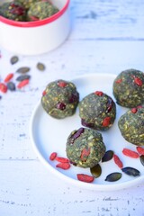 Spirulina goji berry energy balls. Vegan snacks