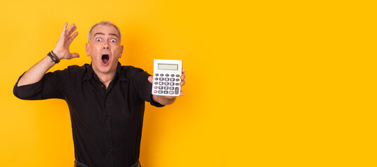 scared man with calculator isolated on background