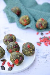 Spirulina goji berry energy balls. Vegan snacks