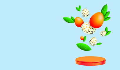 Easter festive composition with eggs and leaves. Easter decorative composition