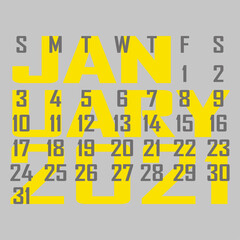 Letter calendar for January 2021. The week begins on Sunday. Time, planning and schedule concept. Flat design. Removable calendar for the month. Vector