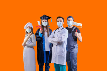 Chef, Graduated girl, doctor and painter man, group of various profession in pandemic and wear mask, colorful background. - Powered by Adobe