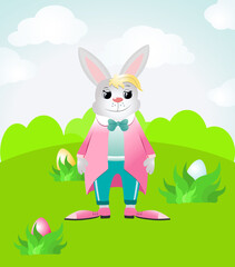 A happy Easter bunny is standing on a green field and smiling. Vector illustration for easter cards and greetings. Rabbit dressed in a jacket  and pants.