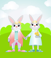 A happy Easter bunnies is standing on a green field and smiling. Vector illustration for easter cards and greetings. Rabbits dressed in a jacket  and pants.