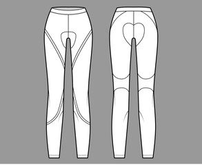 Cycling pants Leggings technical fashion illustration with low waist, rise, full length. Flat sport training, casual bottom knit apparel template front, back, white color. Women men unisex CAD mockup