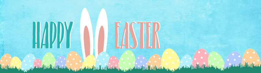 CORONAVIRUS: Happy Easter panorama banner greeting card - Easter bunny rabbit ears, many colorful painted Easter eggs and lettering text on meadow background blue sky texture