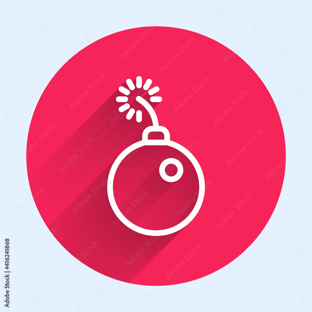 Poster white line bomb ready to explode icon isolated with long shadow. red circle button. vector.