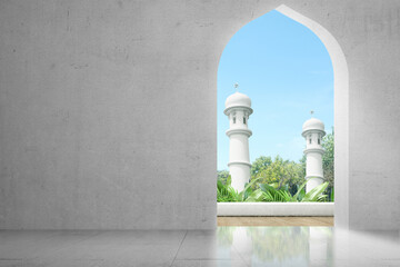Mosque door with a green garden and blue sky