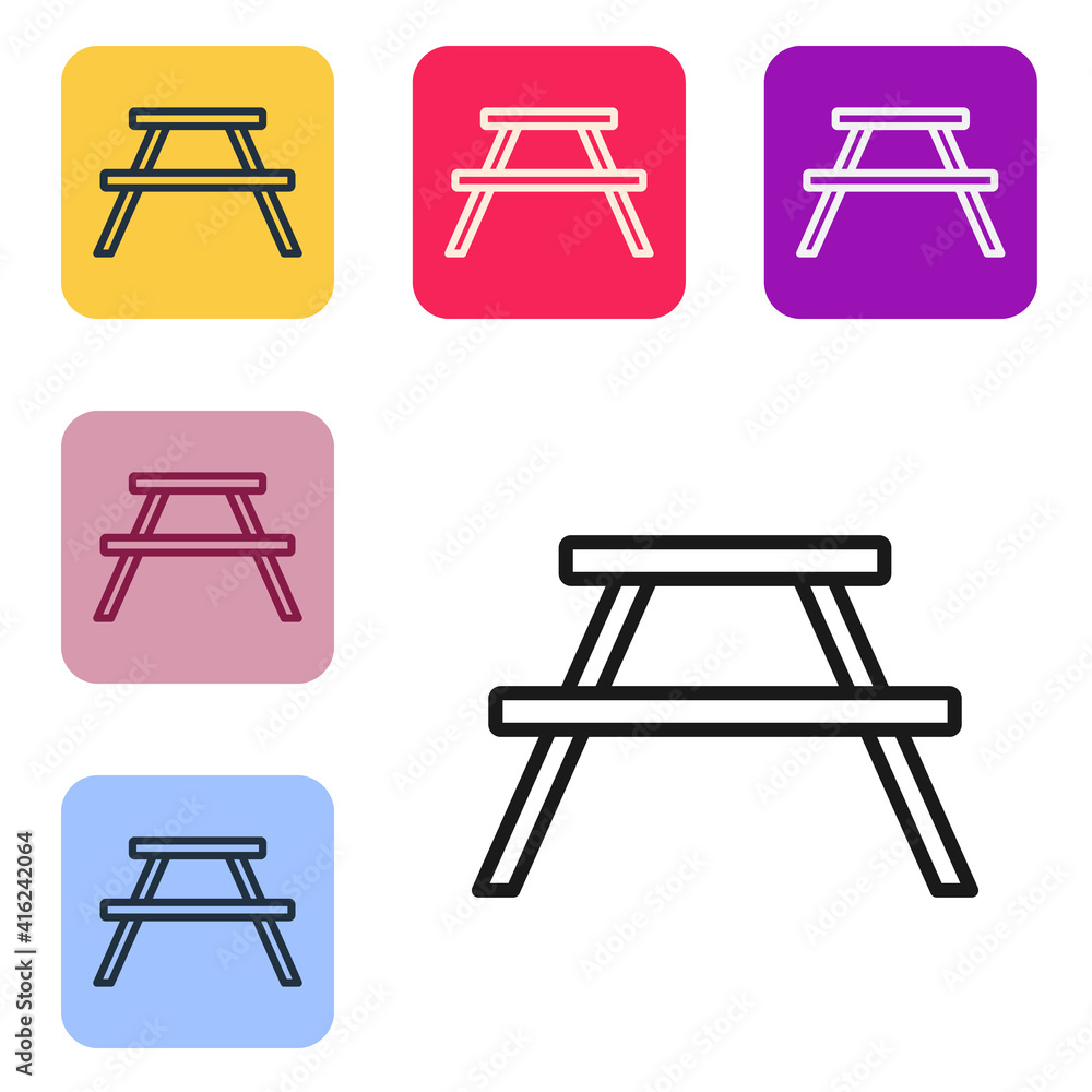 Poster Black line Picnic table with benches on either side of the table icon isolated on white background. Set icons in color square buttons. Vector.