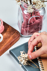 Hand holding a flower with notebooks and jar of flowers