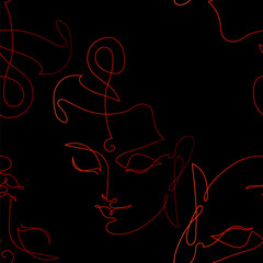 One continuous line drawing Buddha. The symbol of Hinduism, Buddhism, spirituality and enlightenment. Seamless background for yoga, illustration, printing on fabric