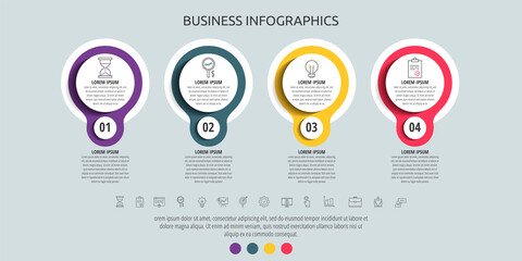 Circles vector line infographic with 4 step, icons. Timeline used for diagram, chart, workflow layout, presentations, flowchart, info graph, content, levels, chart, processes diagram