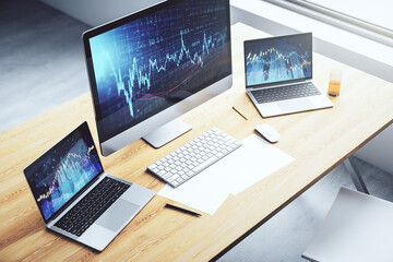 Modern computer monitor with abstract creative financial chart, research and strategy concept. 3D...