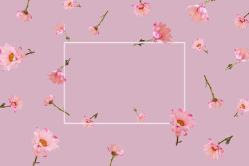 Hello summer concept. Summer pattern with flying pink flowers and frame on pink background. Zero...