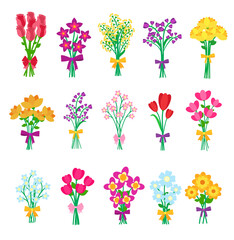 A set of beautiful bouquets of flowers. Roses and mimosa, chrysanthemums and forget-me-nots bunches. Vector illustration