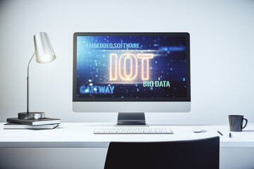 Creative IOT hologram on modern laptop monitor, internet of things concept. 3D Rendering
