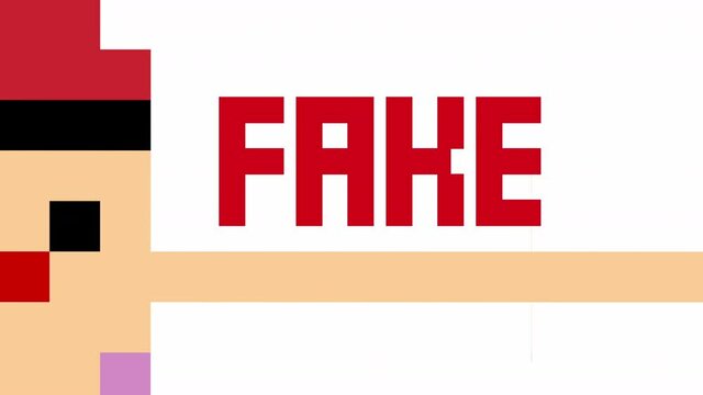 The growing nose of a Pinocchio toy (pixel-art style), with a flashing text: Fake. Zoom-in movement.
