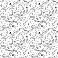 Cute graphic unicorn in the sky. Fantasy art drawn in line art style. Vector seamless pattern. Coloring book page design for adults and kids