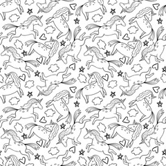 Cute graphic unicorn in the sky. Fantasy art drawn in line art style. Vector seamless pattern. Coloring book page design for adults and kids