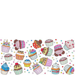 Cupcake background. Frame of cupcakes decorated with cream, strawberry, hearts, mint, citrus, cherry, cookies and unicorn horn on white background. Doodle illustration. Vector 10 EPS.
