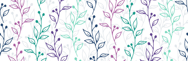 Berry bush sprigs hand drawn vector seamless ornament. Beautiful herbal textile print. Meadow plants foliage and stems illustration. Berry bush sprouts girly fashion repeating swatch