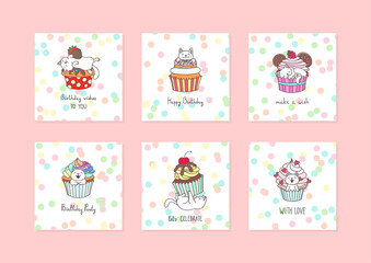 Set of birthday cards. Cute illustrations of little white kittens playing with cupcakes on a dotted background. Vector 10 EPS.