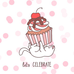 Greeting card concept. Cute illustration of a little white kitten playing with a cupcake. Vector 10 EPS.
