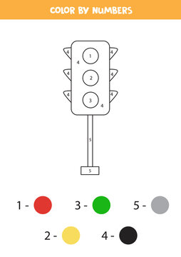 Color cartoon traffic lights by numbers. Transportation worksheet.
