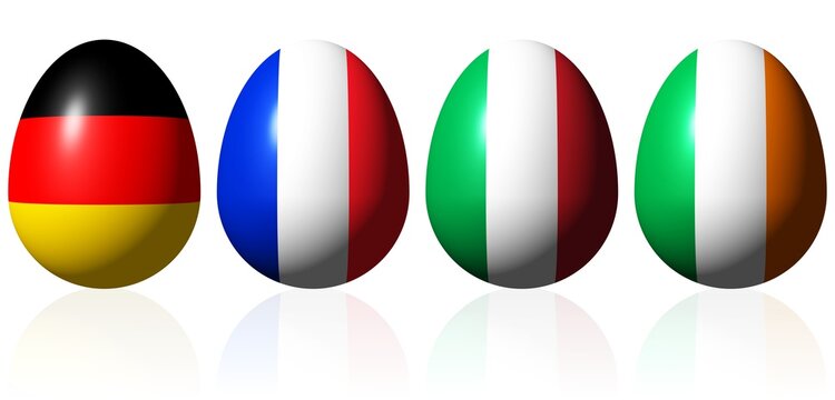 Eier in den Farben der Flaggen Deutschlands, Frankreichs, Italiens und Irlands