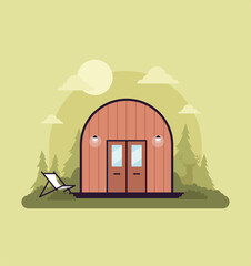 Vector stock glamping concept of comfortable outdoor recreation.  Comfortable camping with camping, camp, wilderness vacation. Suitable for advertising glamping, country houses and outdoor recreation