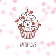 Greeting card concept. Cute illustration of a little white kitten playing with a cupcake. Vector 10 EPS.
