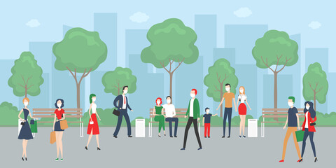 People in masks walking in city park. Vector.