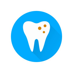 Tooth icon with caries with long shadow. Sign for dentistry clinic. Orthodontics concept.
