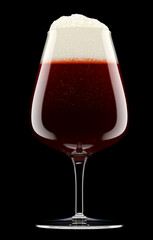 Frosty glass of fresh stout beer with bubble froth isolated on black background.