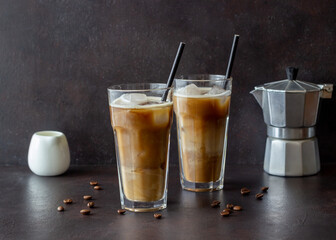 Ice coffee with cream. Cold drinks. Vegetarian food. Healthy eating.