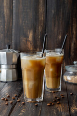 Ice coffee with cream. Cold drinks. Vegetarian food. Healthy eating.
