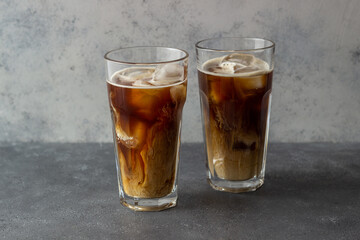 Ice coffee with cream. Cold drinks. Vegetarian food. Healthy eating.