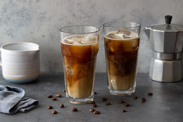 Ice coffee with cream. Cold drinks. Vegetarian food. Healthy eating.